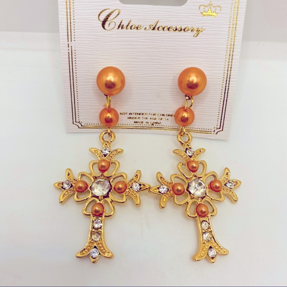 Earrings Cross faux Pearl Pinky Coral Pierced